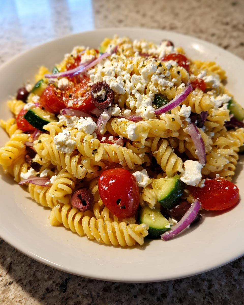 A close-up view of a serving of vibrant greek pasta salad featuring rotini pasta, cherry tomatoes, cucumbers, olives, and crumbled feta cheese.