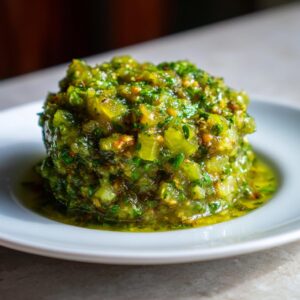 A close-up of freshly prepared green tomato salsa, finely chopped and vibrant green, mounded on a white plate.