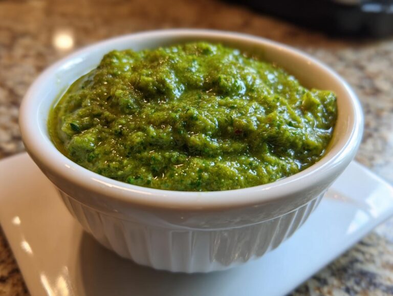 Close-up of a small white bowl filled with thick, bright green tomato salsa.