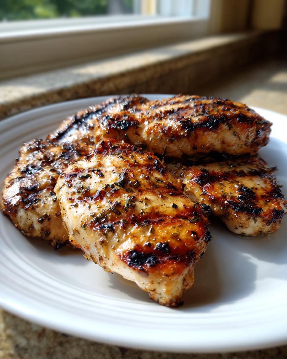 Four pieces of grilled chicken breast showing char marks, seasoned with herbs, ready after using the perfect chicken marinade.