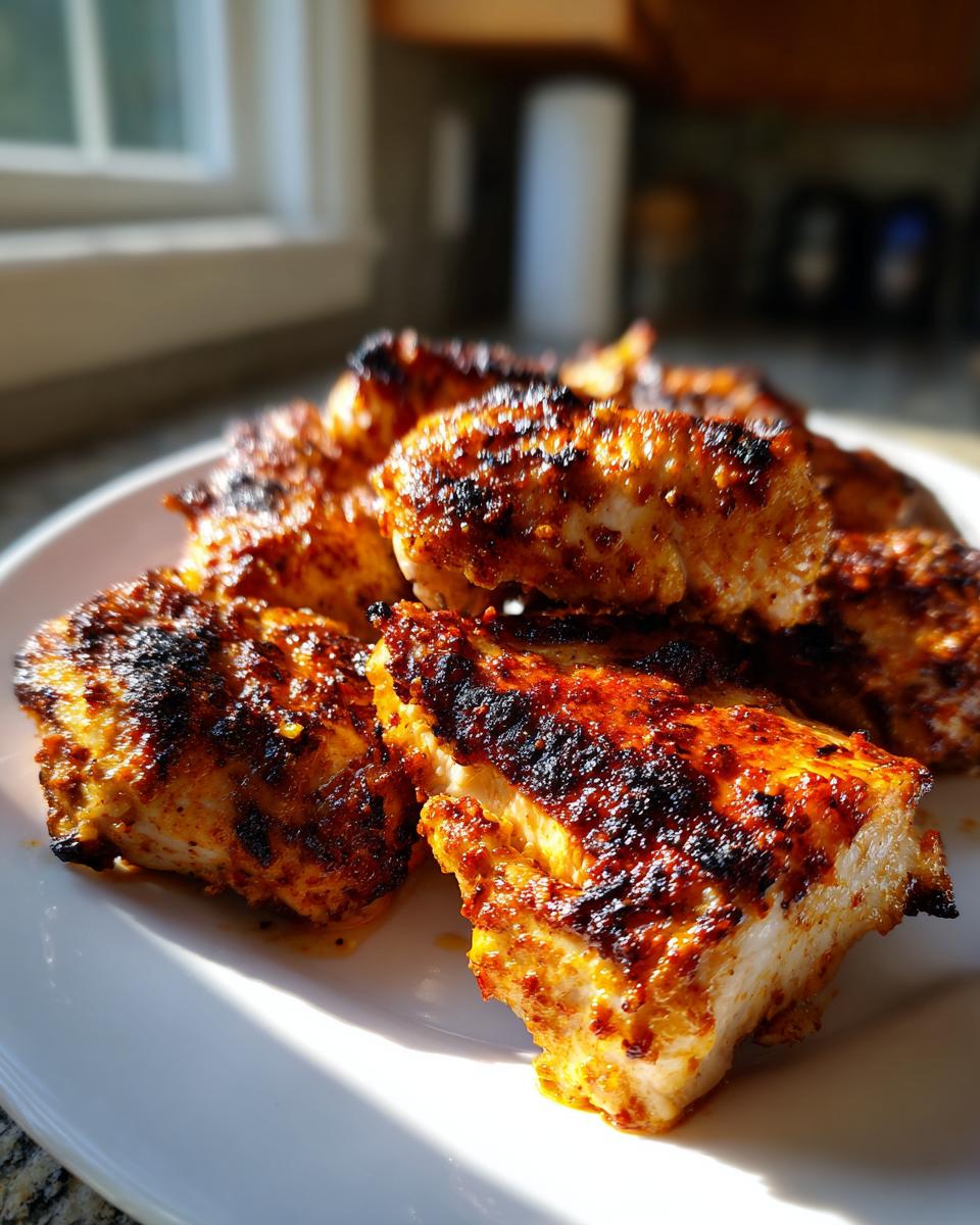 Close-up of grilled, seasoned chicken pieces showing char marks, likely prepared with a flavorful chicken marinade.
