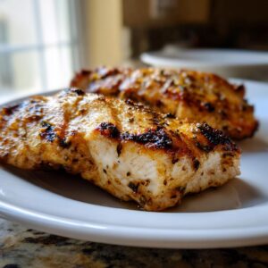 Close-up of two grilled chicken breasts showing grill marks and herbs from the chicken marinade.