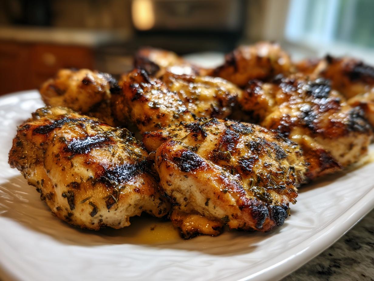 Close-up of grilled chicken pieces coated in herbs, showing grill marks, made using the 10-minute chicken marinade.