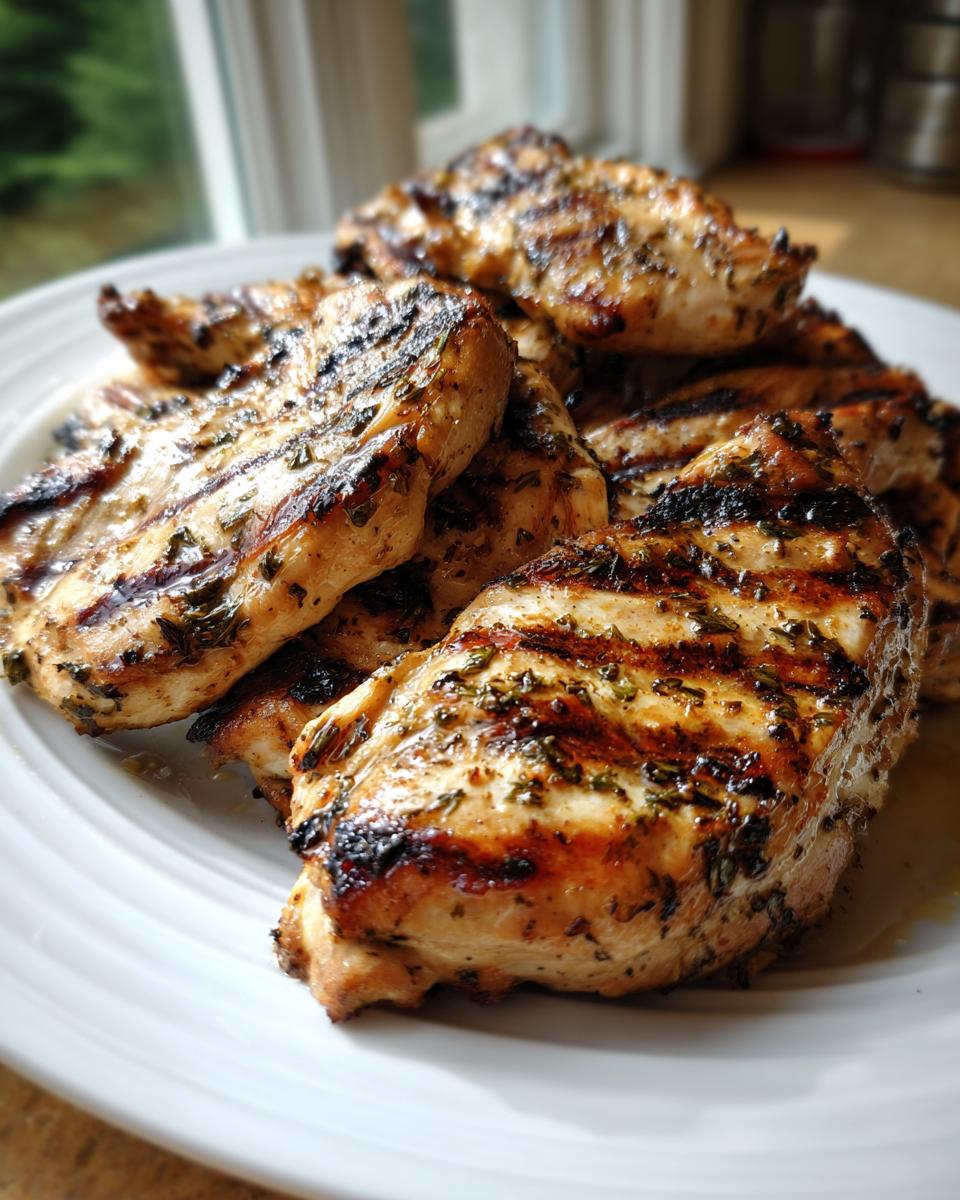 A pile of juicy, grilled chicken breasts showing distinct char marks and coated in herbs from the chicken marinade.