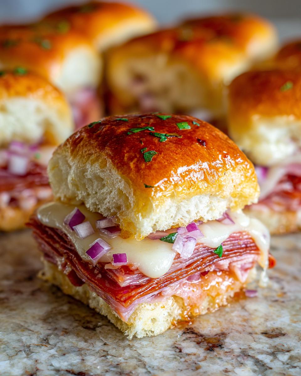 A single, delicious grinder slider featuring layers of deli meat, melted white cheese, and diced red onion on a shiny, herb-topped bun.