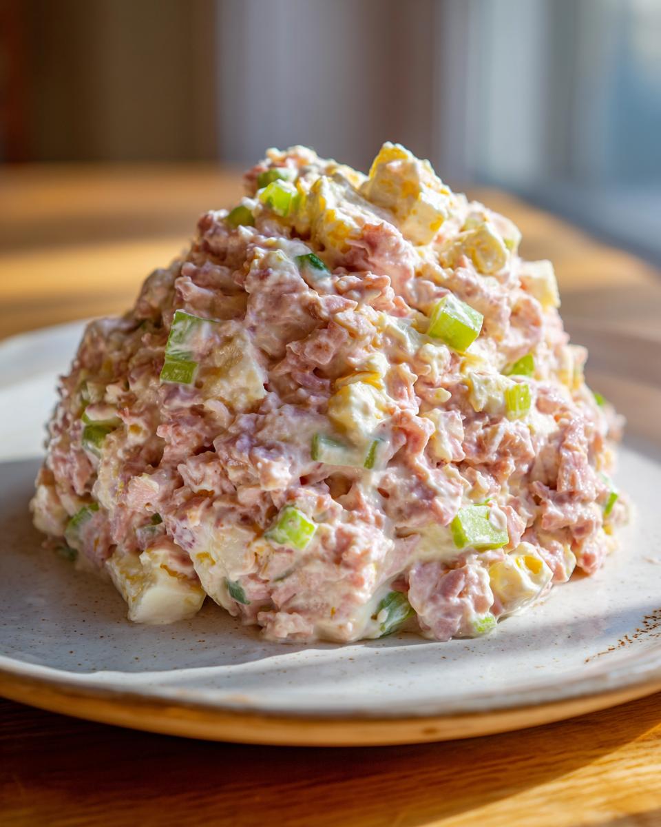 A generous mound of creamy ham salad recipe mixed with chopped celery and eggs, served on a speckled white plate.