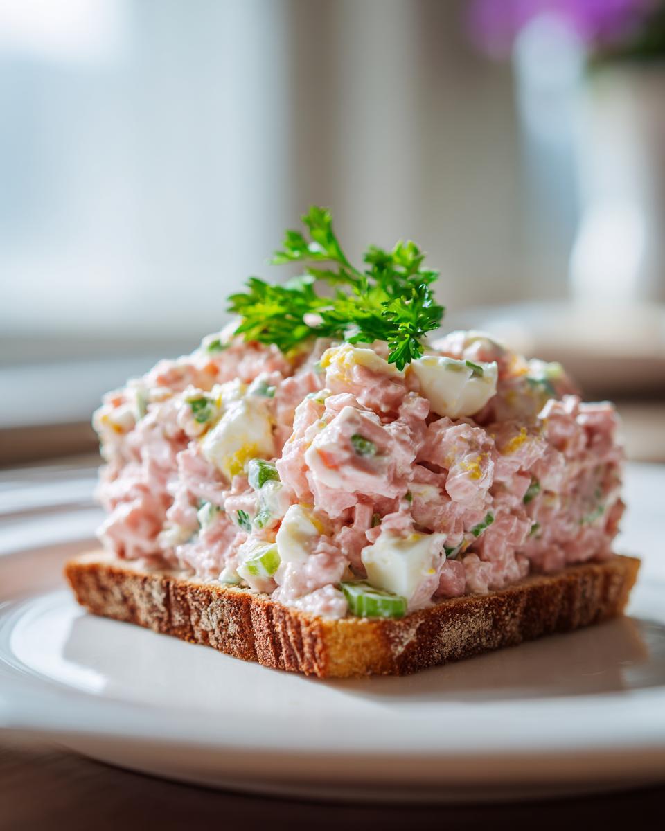 A generous serving of creamy ham salad recipe piled high on a slice of dark rye bread, garnished with parsley.