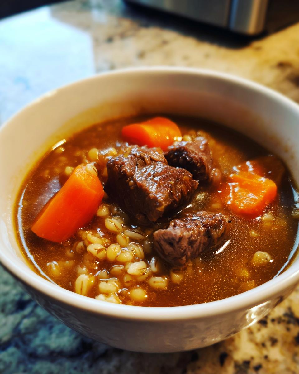 Close-up of a hearty bowl of beef barley soup featuring tender beef chunks, bright carrots, and plump barley grains.