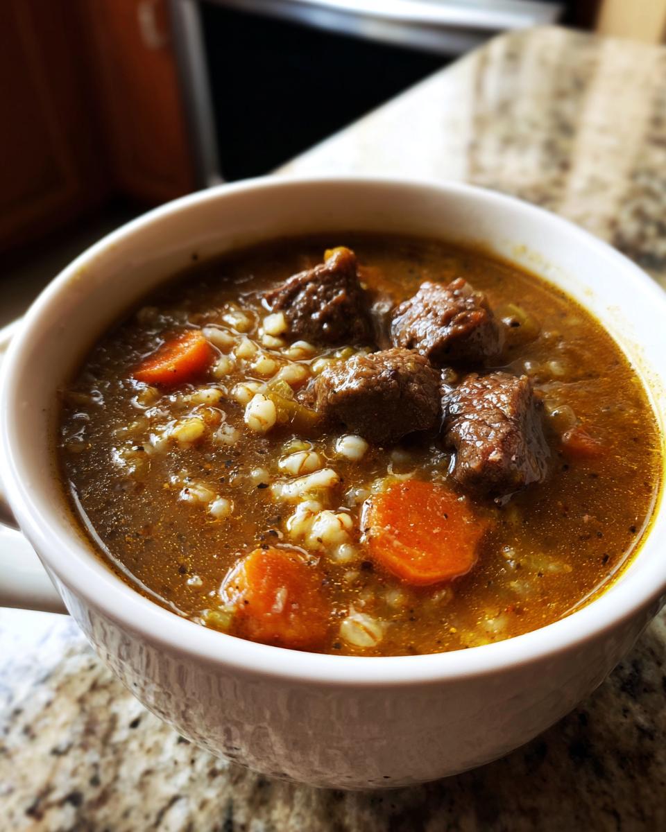 Close-up of a white bowl filled with rich beef barley soup, featuring chunks of beef, barley, and sliced carrots.