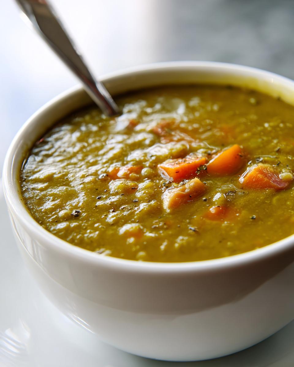Close-up of a thick, green bowl of homemade pea soup, featuring visible chunks of orange carrots and black pepper.