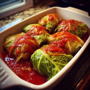 Five freshly baked cabbage rolls topped with rich tomato sauce in a white casserole dish.