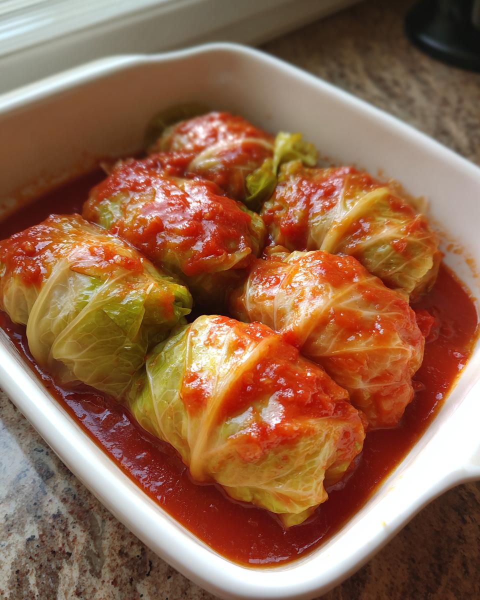 Several homemade cabbage rolls simmered in a rich, bright red tomato sauce in a white baking dish.