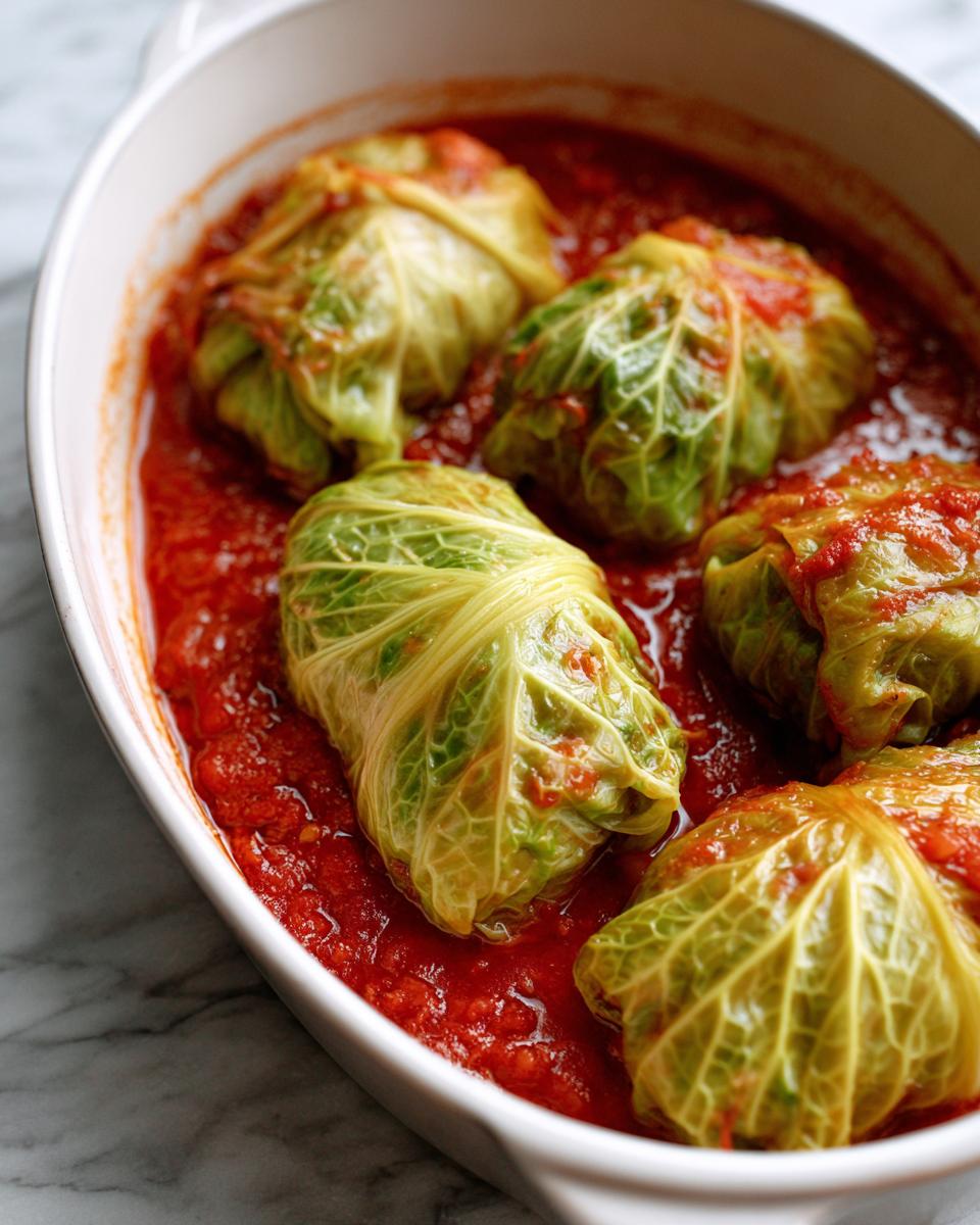 Five homemade cabbage rolls simmering in a rich, bright red tomato sauce inside a white oval baking dish.
