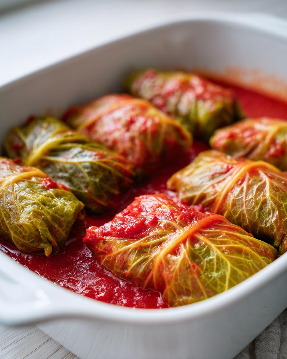 Close-up of several homemade cabbage rolls simmering in a rich, bright red tomato sauce in a white baking dish.