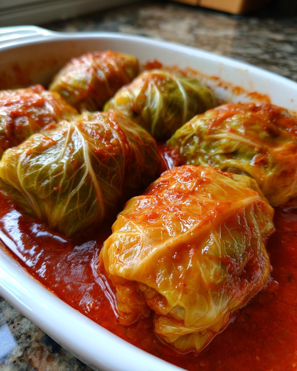 Close-up of several cabbage rolls simmering in a rich, red tomato sauce in a white baking dish.