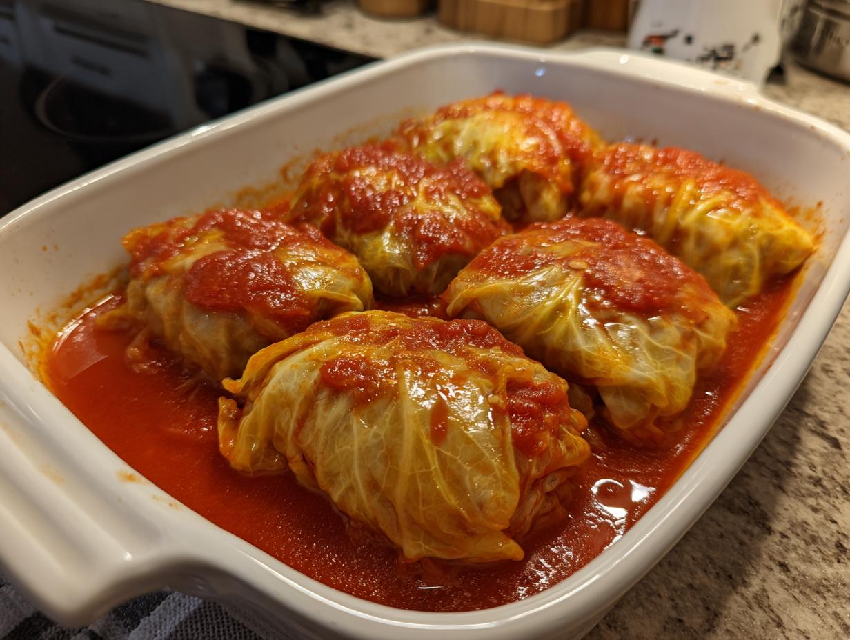 Five homemade cabbage rolls simmering in a rich tomato sauce inside a white baking dish.
