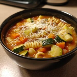 Close-up of a dark bowl filled with rich minestrone soup, featuring rotini pasta, chunks of zucchini and carrots, topped with grated Parmesan cheese.