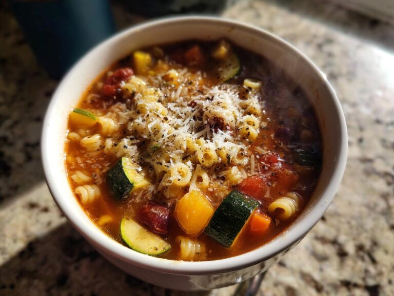 A steaming white bowl filled with rich minestrone soup, featuring pasta, zucchini, and topped generously with grated Parmesan cheese.