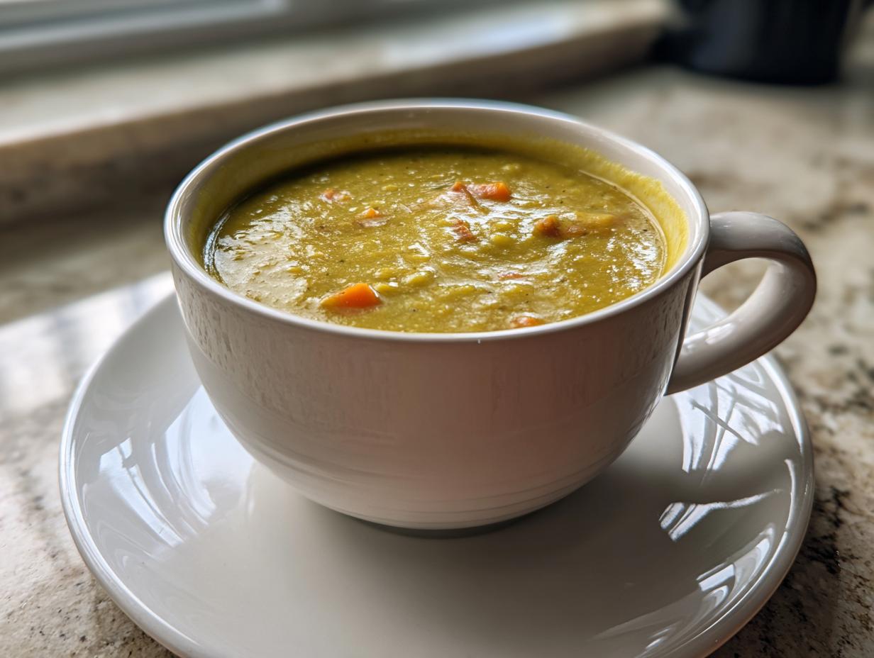 Close-up of a white mug filled with thick, green pea soup containing visible chunks of orange carrots.