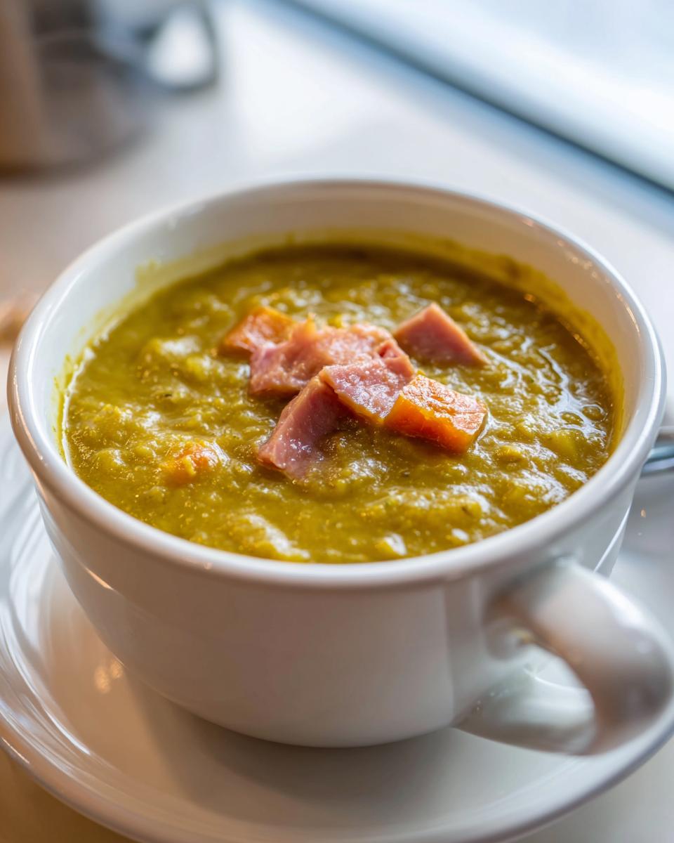 Close-up of a thick, green pea soup served in a white mug, garnished with chunks of ham.