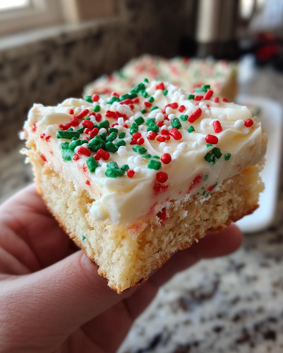 A hand holding a thick square of christmas sugar cookie bars topped with white frosting and red and green sprinkles.