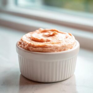 A close-up of creamy, pinkish-orange homemade big mac sauce swirled in a small white ramekin.