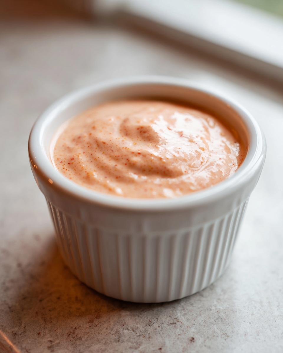 Close-up of creamy, orange-tinted homemade big mac sauce swirled in a small white fluted ramekin.