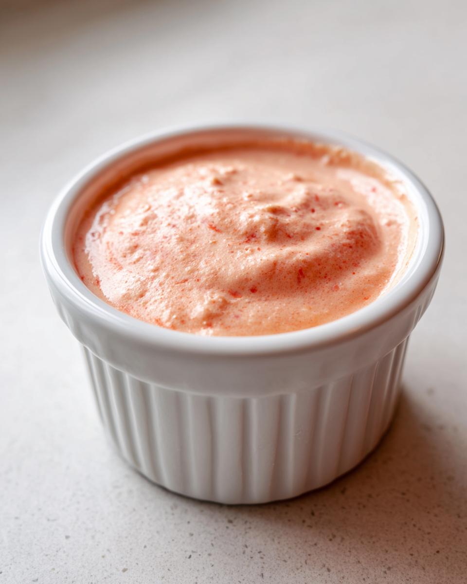 Close-up of creamy, pinkish-orange homemade big mac sauce served in a small white fluted ramekin.