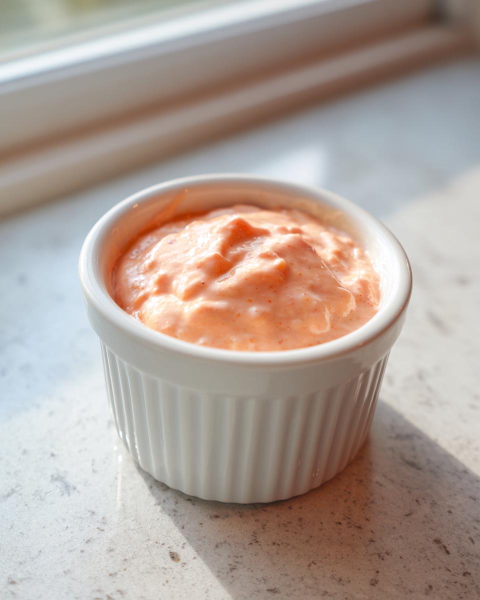 A close-up of creamy, orange-pink homemade big mac sauce served in a small white fluted ramekin.