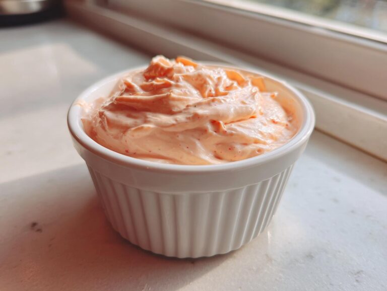 A close-up of creamy, orange-pink homemade big mac sauce swirled in a small white ramekin.