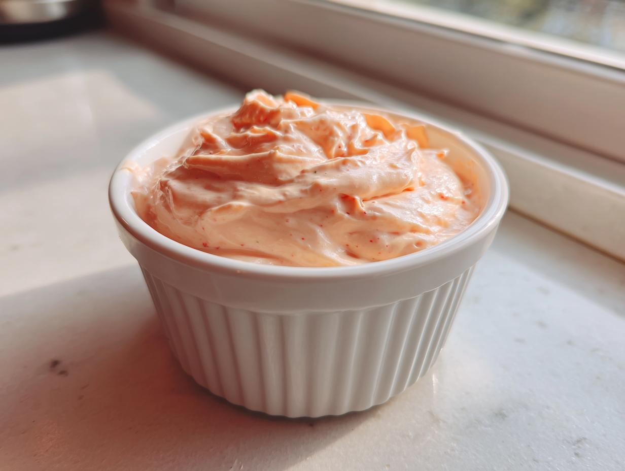 A close-up of creamy, orange-pink homemade big mac sauce swirled in a small white ramekin.