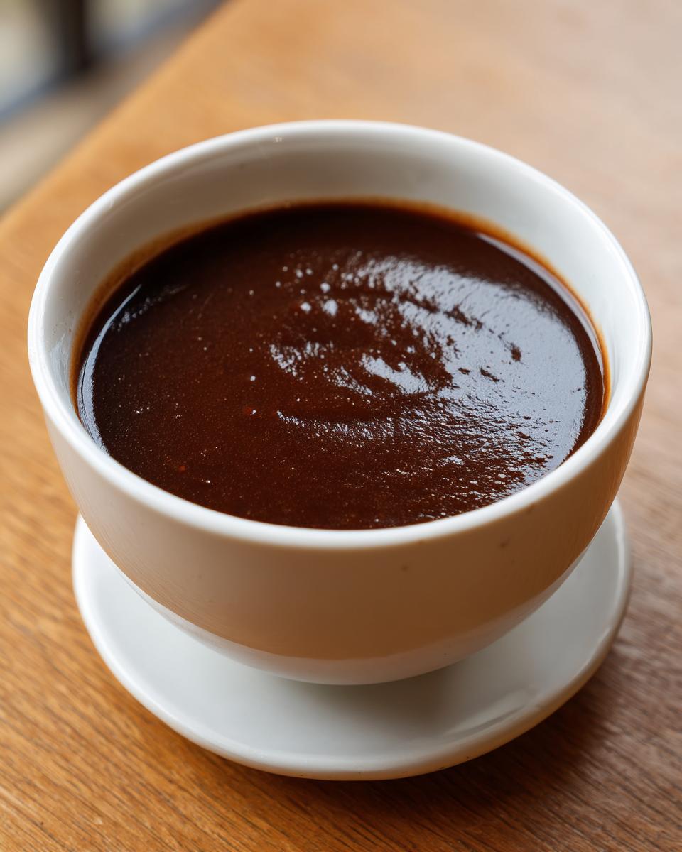 Close-up of rich, dark homemade brown gravy served in a small white bowl on a wooden surface.