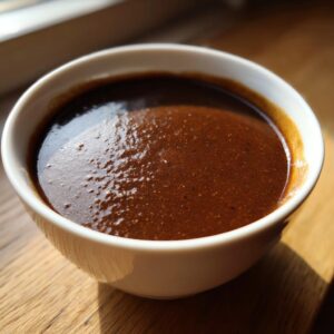 Close-up of rich, dark homemade brown gravy served in a small white bowl on a wooden surface.