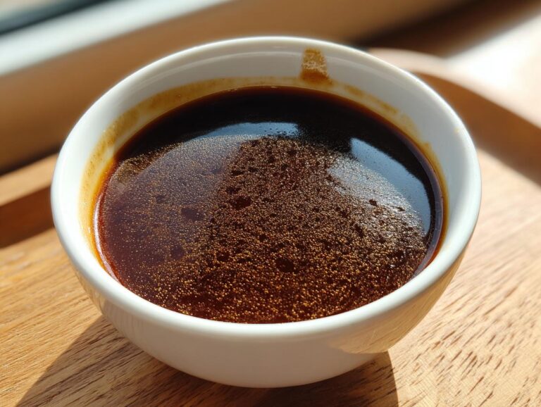 Close-up of rich, dark homemade brown gravy with small bubbles on the surface, served in a white bowl.