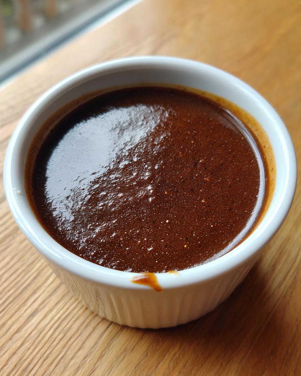 Close-up of rich, dark homemade brown gravy served in a small white fluted ramekin.