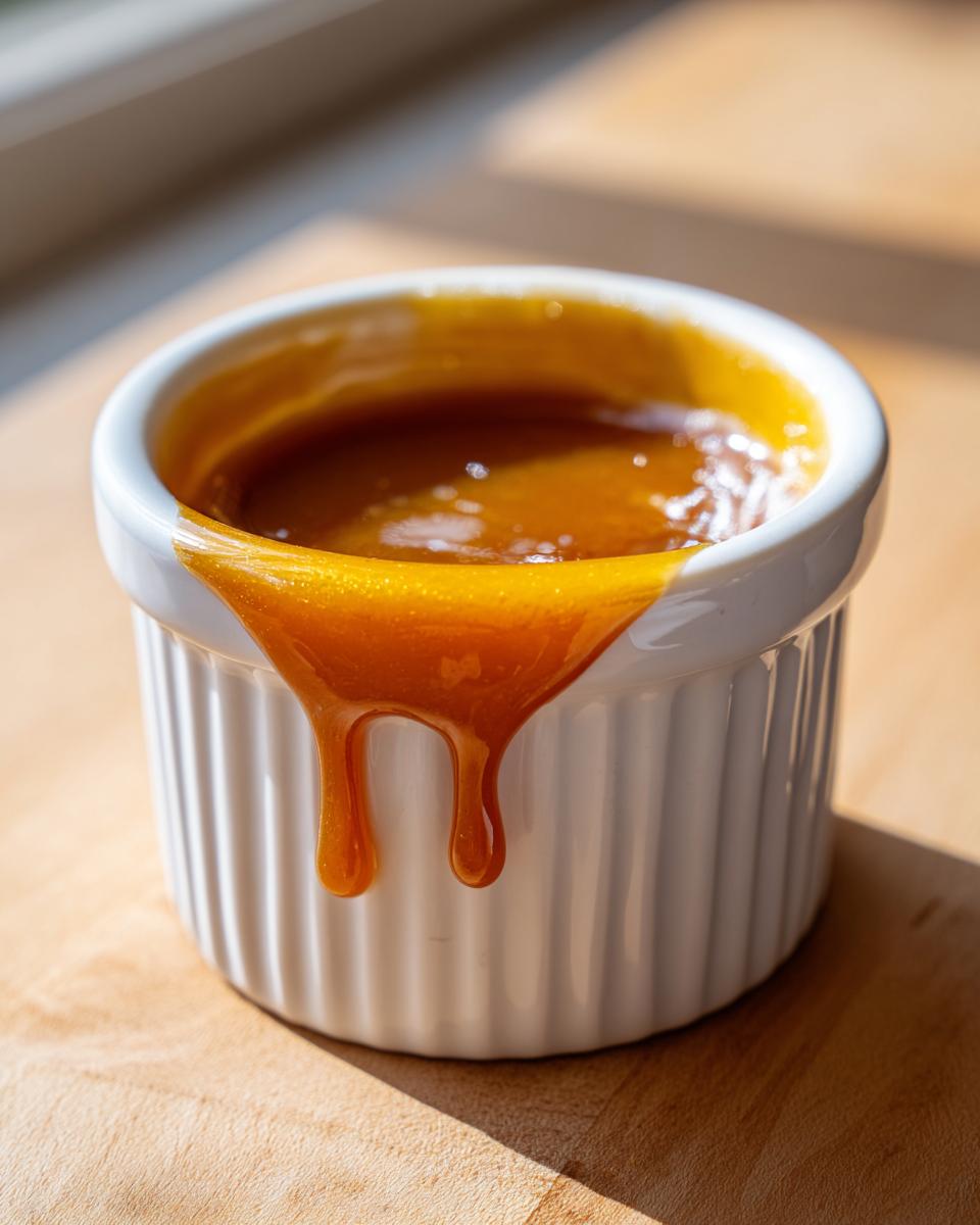 Close-up of thick, golden homemade caramel sauce dripping down the side of a white ramekin.