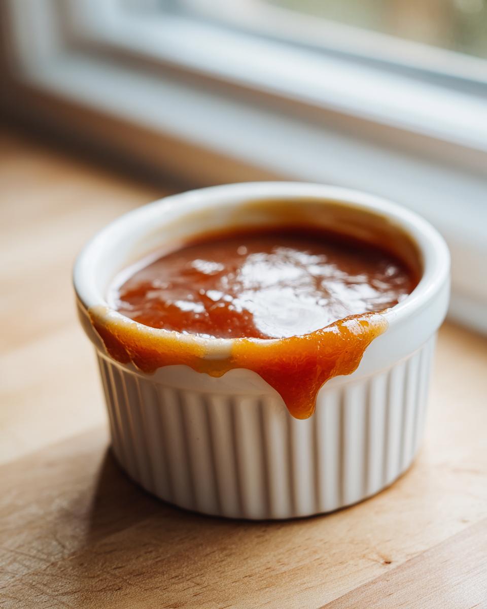 Close-up of rich, thick caramel sauce overflowing slightly from a white ramekin on a wooden surface.