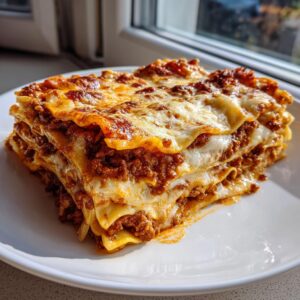 A thick, multi-layered slice of classic lasagna with rich meat sauce and melted cheese.