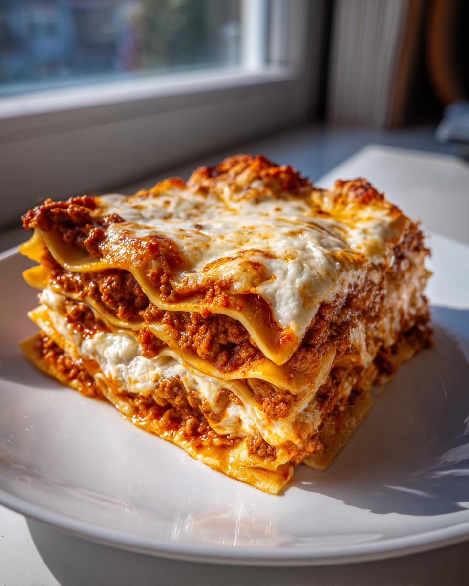 A tall, multi-layered slice of classic lasagna with rich meat sauce and melted cheese topping.