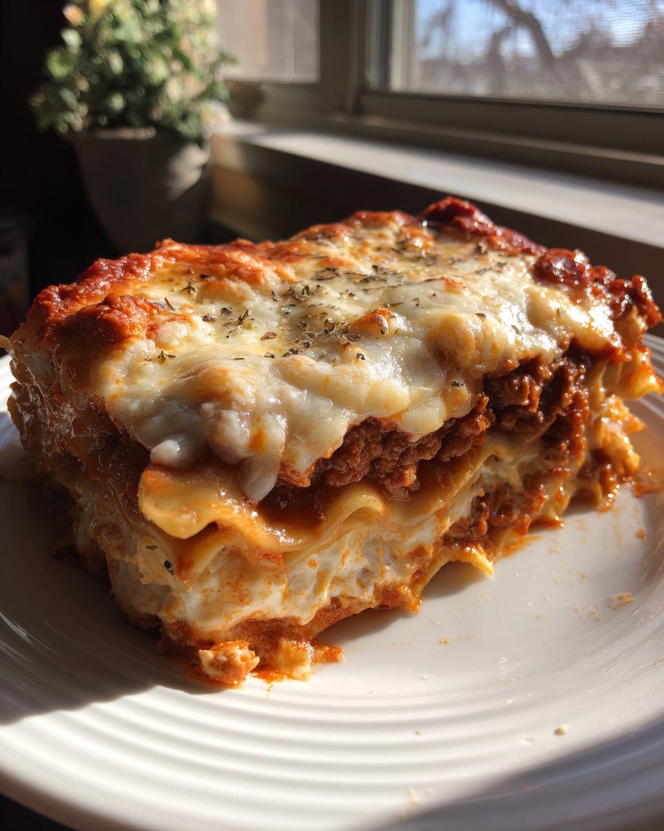 A close-up of a thick, cheesy slice of homemade classic lasagna served on a white plate.
