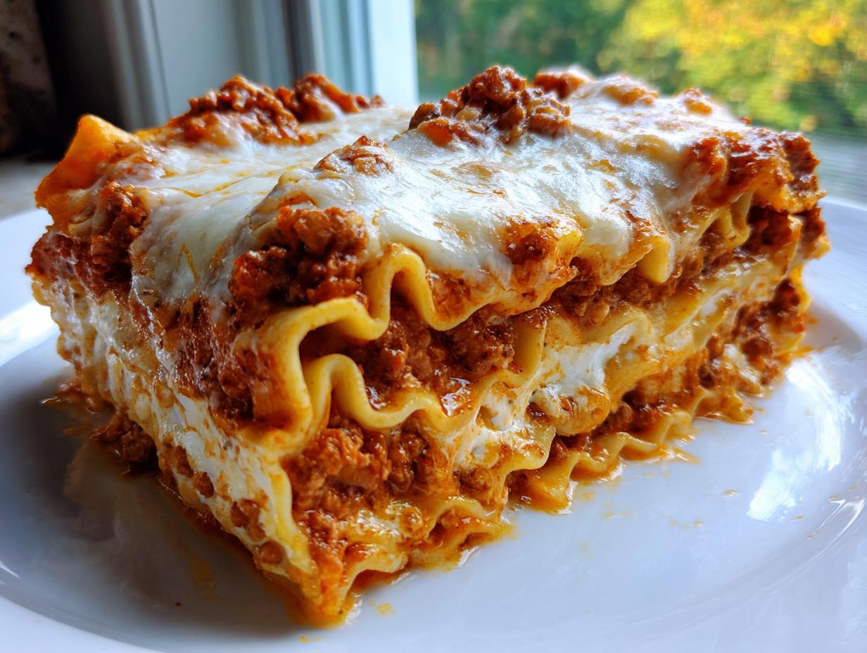 A thick, layered slice of homemade classic lasagna with meat sauce and melted mozzarella cheese.