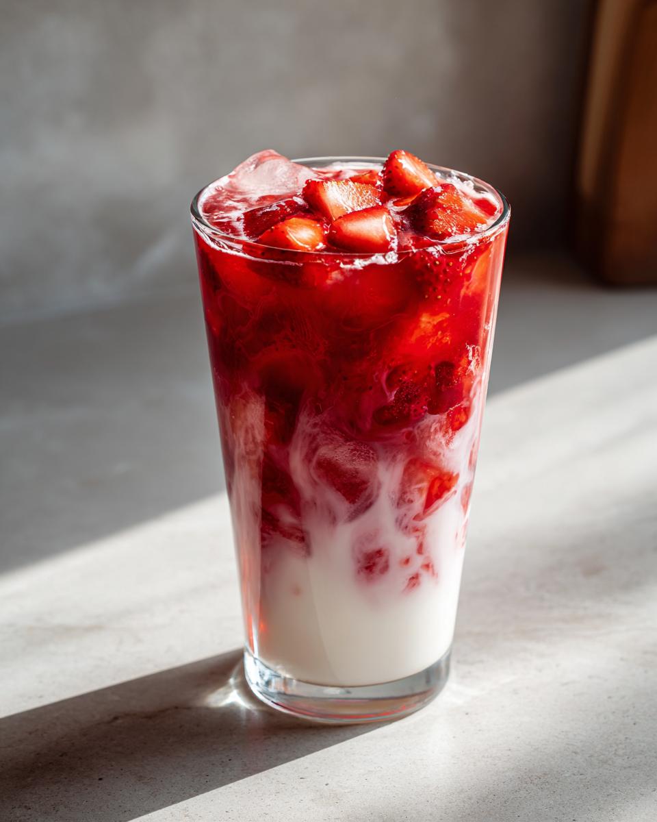 A tall glass showing layers of white milk swirling with vibrant red strawberry puree and chunks, topped with ice.