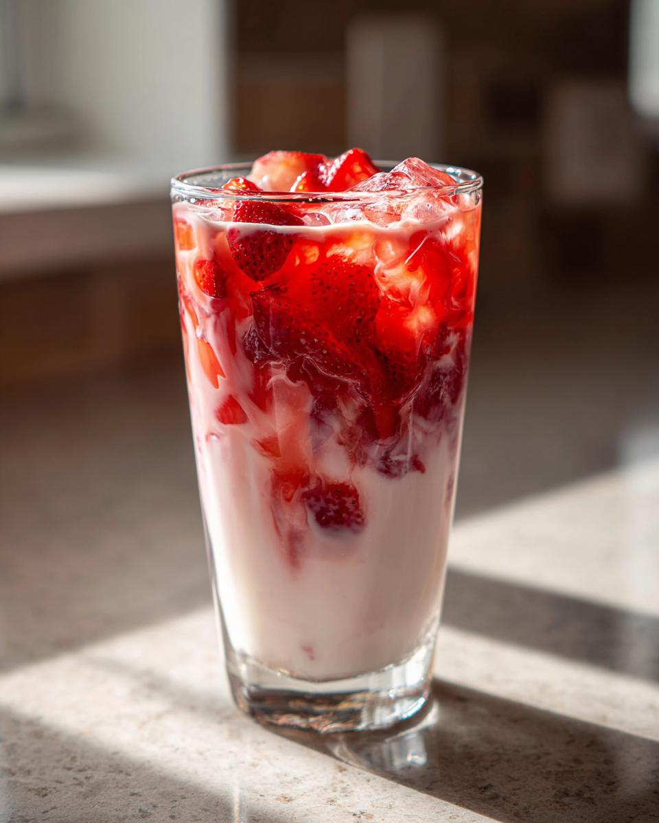 A tall glass filled with homemade strawberry milk, layered with fresh sliced strawberries and ice cubes.