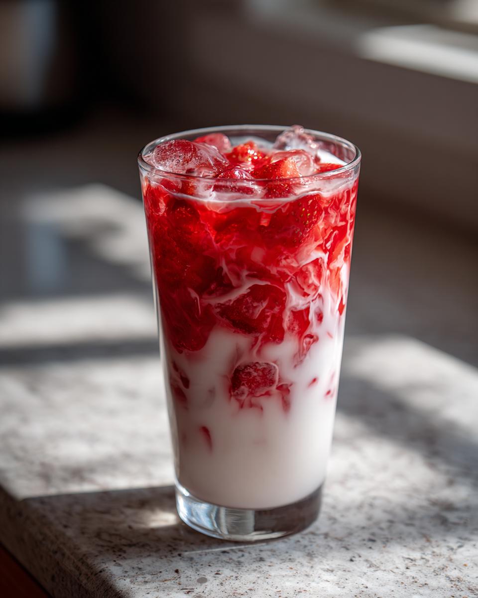 A tall glass filled with layered homemade strawberry milk, featuring crushed strawberries, ice cubes, and white milk swirling together.