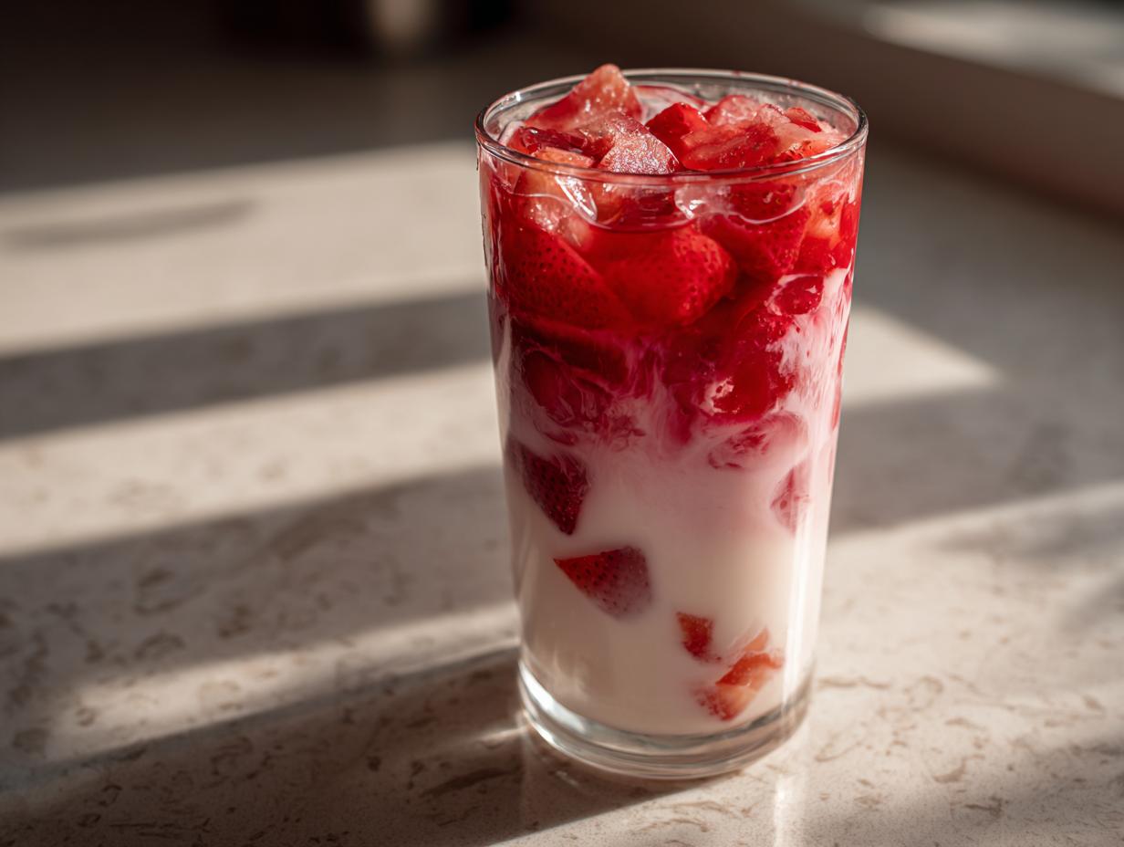 A tall glass filled with layered homemade strawberry milk, featuring chunks of fresh strawberries mixing with white milk.