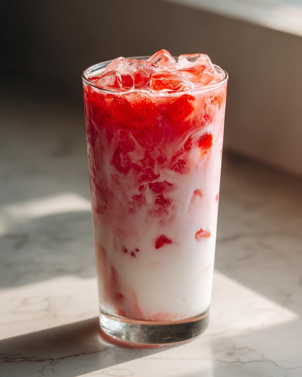 Tall glass filled with homemade strawberry milk, showing swirls of bright red strawberry puree mixing with white milk and topped with ice cubes.