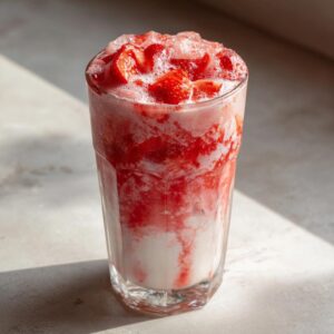 A tall glass filled with layered homemade strawberry milk, featuring crushed ice and strawberry puree swirls.