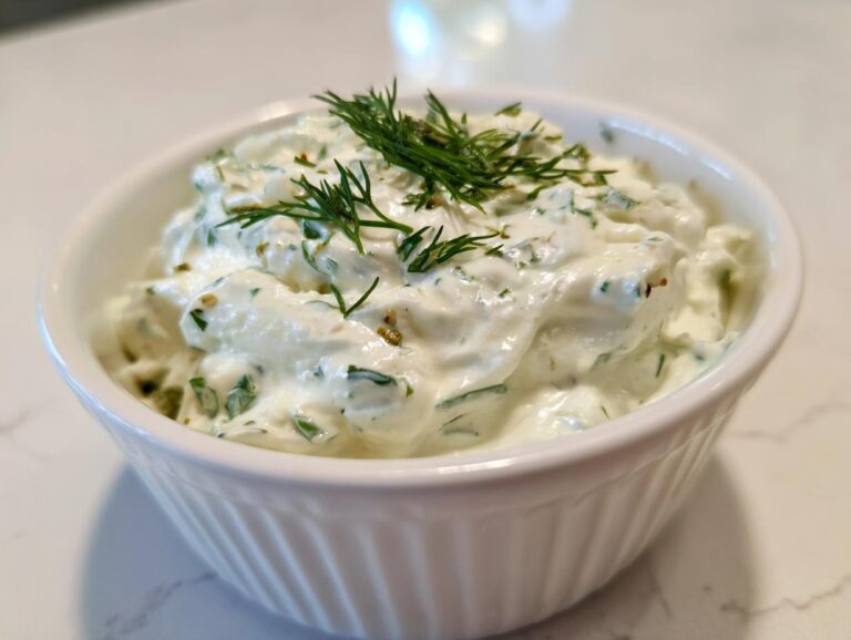 Close-up of creamy homemade tartar sauce, garnished with fresh dill, ready to serve.