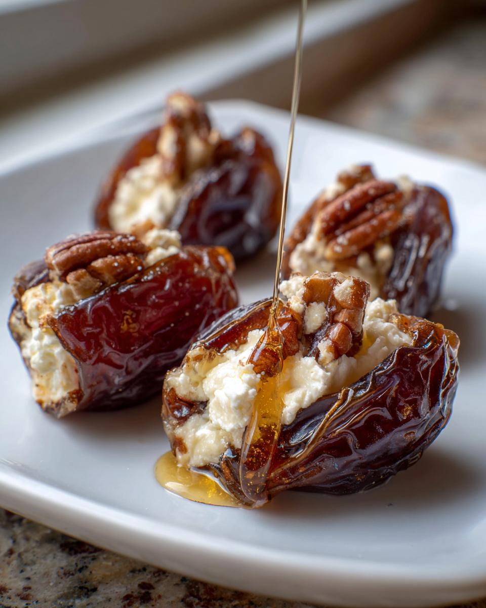Close-up of creamy cheese and pecan stuffed dates being drizzled with honey, showcasing delicious stuffed dates.