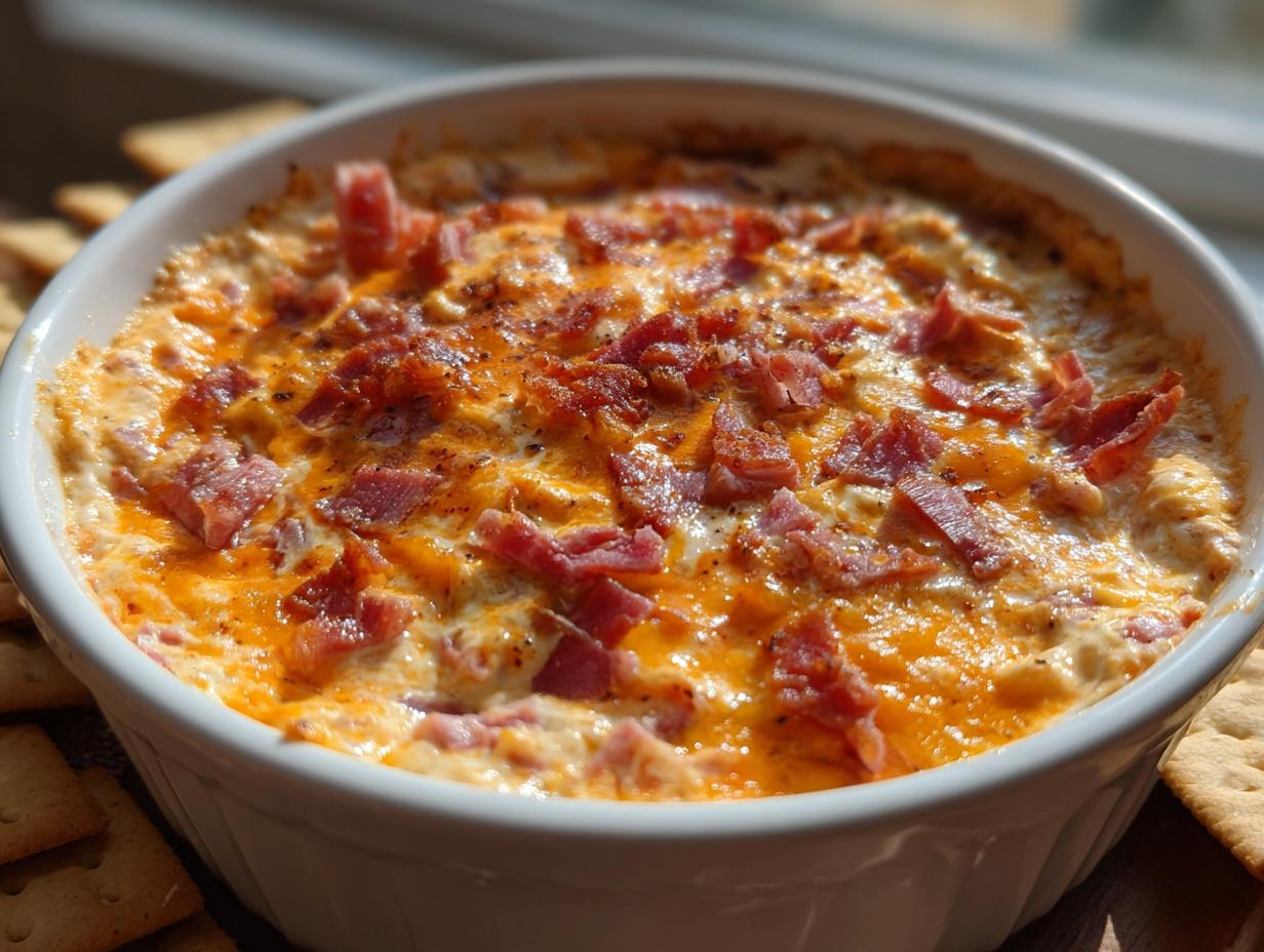 Close-up of a bubbling, cheesy Reuben dip topped with chopped corned beef, served hot in a white dish surrounded by crackers.